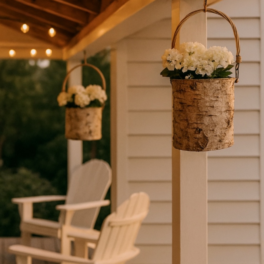 Birch Bark Covered Hanging Planter Pots